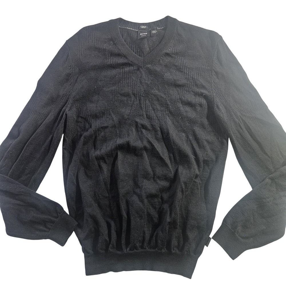 BOSS Hugo Boss Sweater Mens M Black V Neck Pullover Slim Fit Merino Lightweight